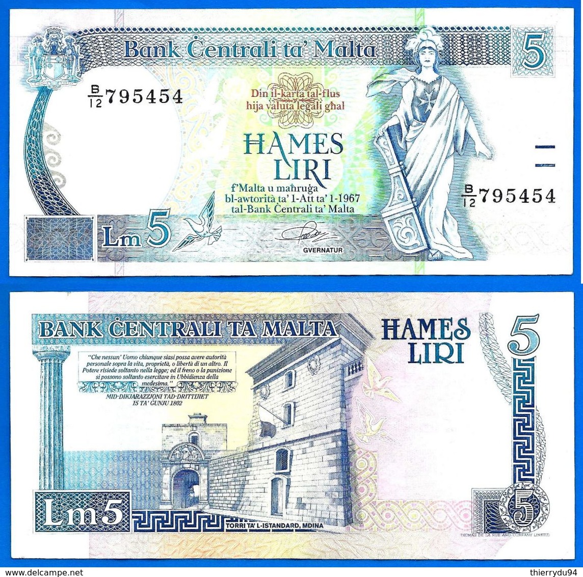 Malte 5 Liri 1994 Loi De 1967 Serie B 12 Malta Que Prix + Port Billet Paypal Bitcoin OK - Malta