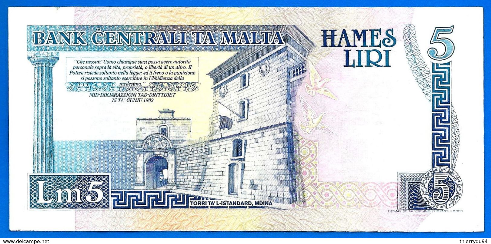 Malte 5 Liri 1994 Loi De 1967 Serie B 12 Malta Que Prix + Port Billet Paypal Bitcoin OK - Malta