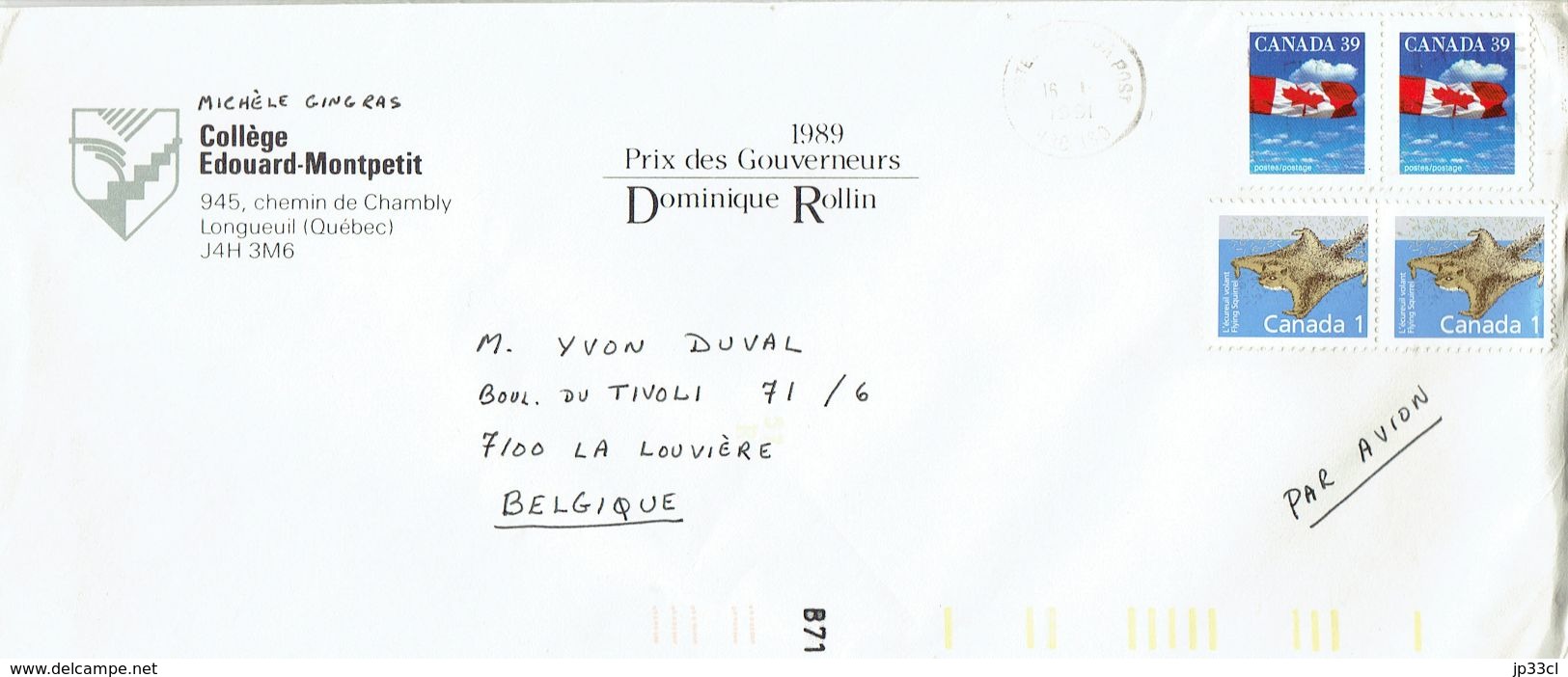 Timbres Ecureuil Volant Et Drapeau Canadien Sur Lettre Du Collège Edouard-Montpetit, Longueuil Vers La Belgique (1991) - Lettres & Documents