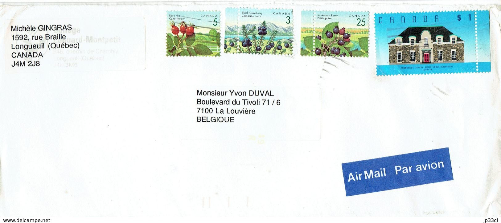 Timbres Runnymede + Fruits Sur Lettre Du Collège Edouard-Montpetit, Longueuil Vers La Belgique (+/- 1990) - Briefe U. Dokumente