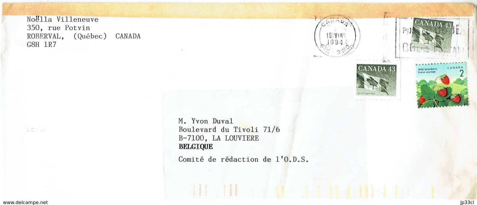 Timbres Fraise Sauvage + Drapeau Canadien (2 X) Sur Lettre De Robertval Vers La Belgique (15/6/1994) - Storia Postale