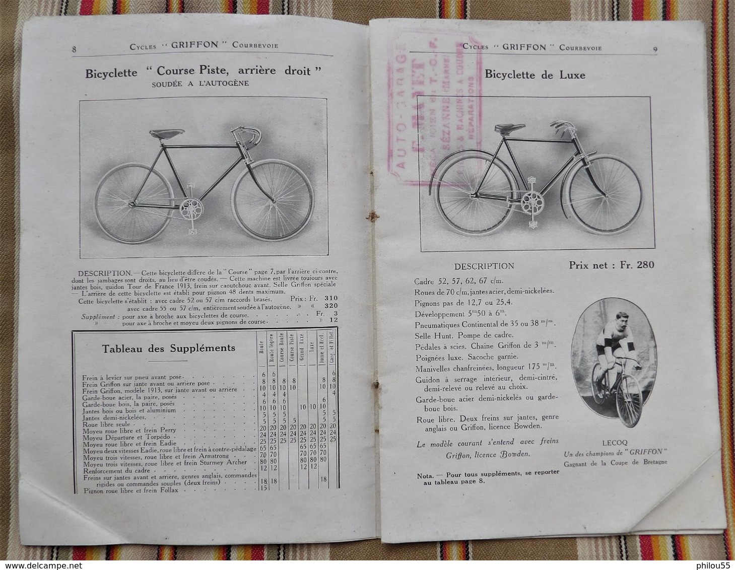 92 COURBEVOIE 75 Paris 17e 51 SEZANNE  F. MAYET Catalogue GRIFFON 1913 Cycles Motocyclettes Etat
