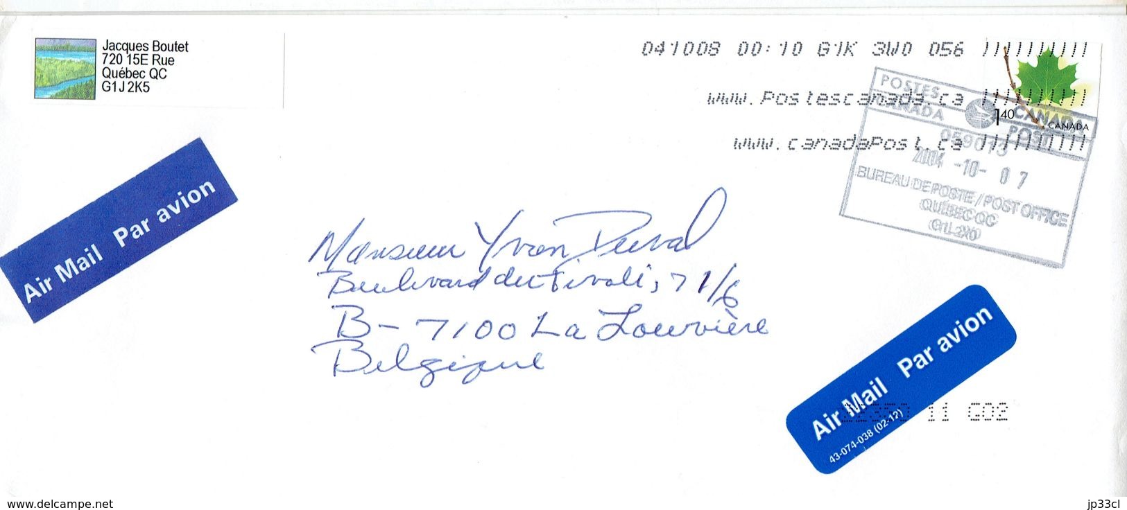 Timbre Avec Feuille D'érable Sur Lettre De Québec Vers La Belgique (2004) - Cartas & Documentos