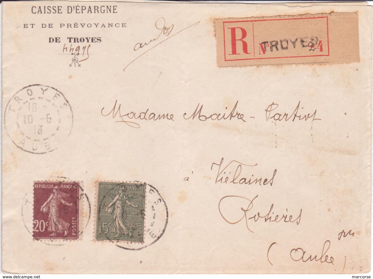 Lettre étiquette Recommandé De Bordereau 512 Ter N° 2 -4 De TROYES (cachet R01) AUBE 1913 Semeuse Lignée + Grasse - Cartas & Documentos