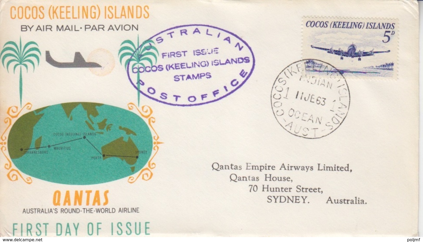 1° Liaison Aérienne Australie-Cocos Is. 11 Juin 63 (3 Plis Pour Sydney, Port Louis, Johannesburg) - Cocos (Keeling) Islands