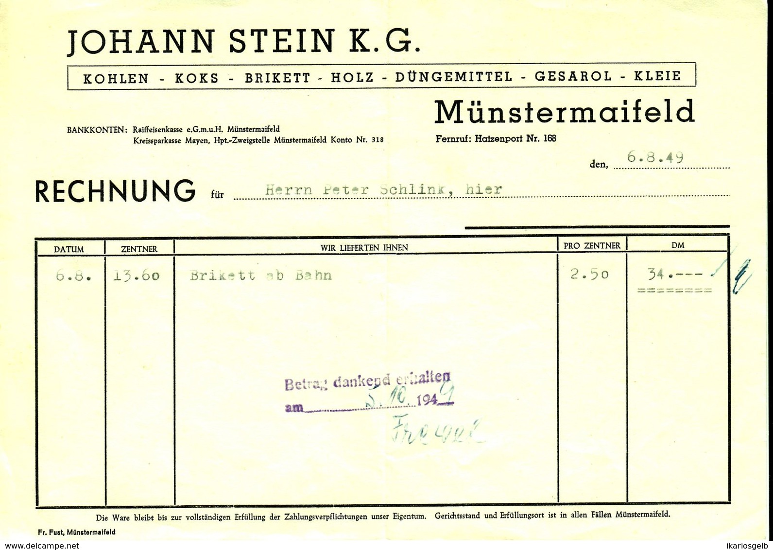 Münstermaifeld Maifeld Eifel Rechnung Facture 1949 Deko " Johann Stein KG Kohlen Düngemittel Holz Koks Kleie " - Transportmiddelen