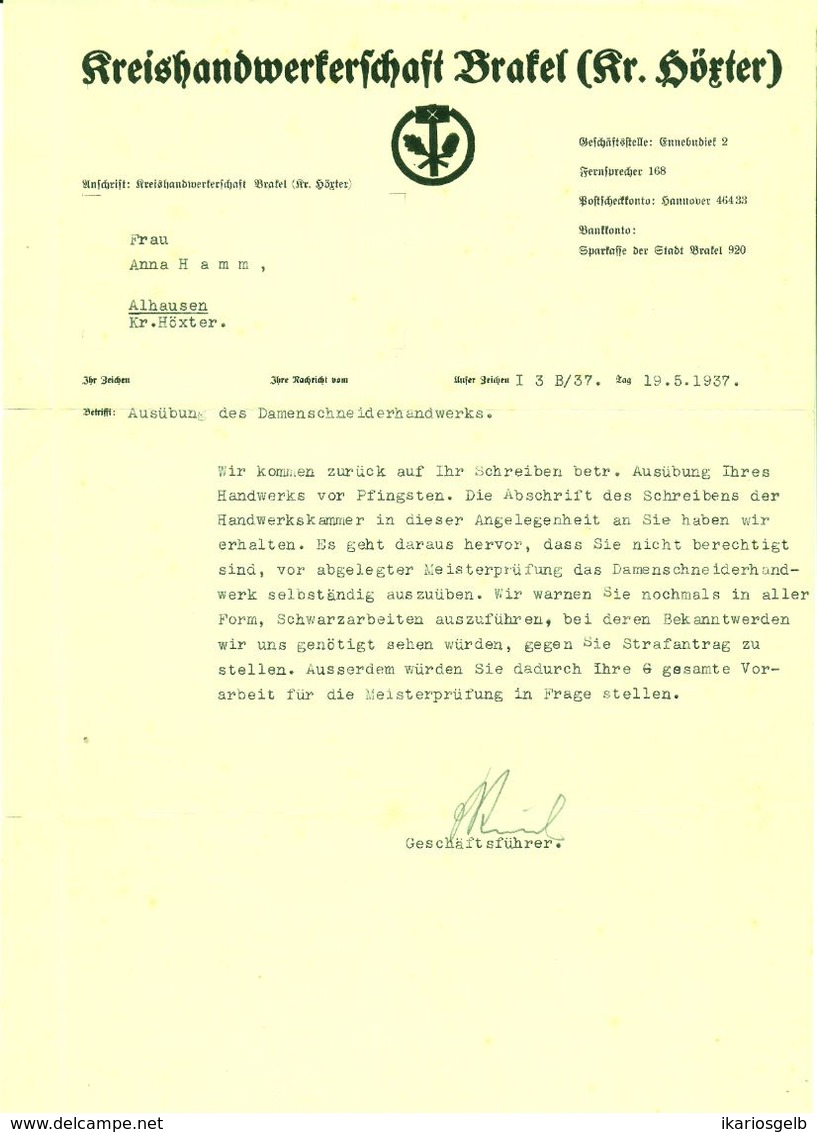 Brakel Krs Höxter Westfalen Rechnung Facture 1937 Deko " Kreishandwerkerschaft Abmahnung Schneiderei " - Textile & Vestimentaire