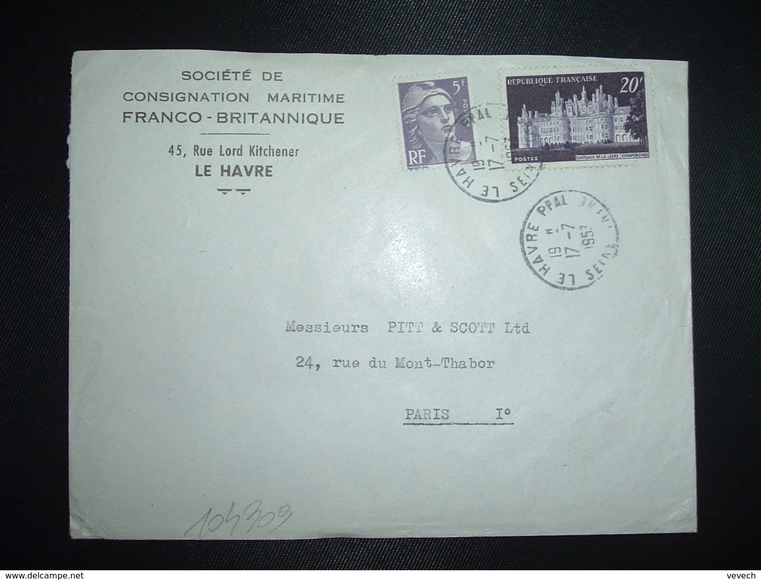 LETTRE TP CHAMBORD 20F + M. DE GANDON 5F OBL.17-7 1953 LE HAVRE PPAL SEINE-INFRE (76) SOCIETE DE CONSIGNATION - Cachets Manuels