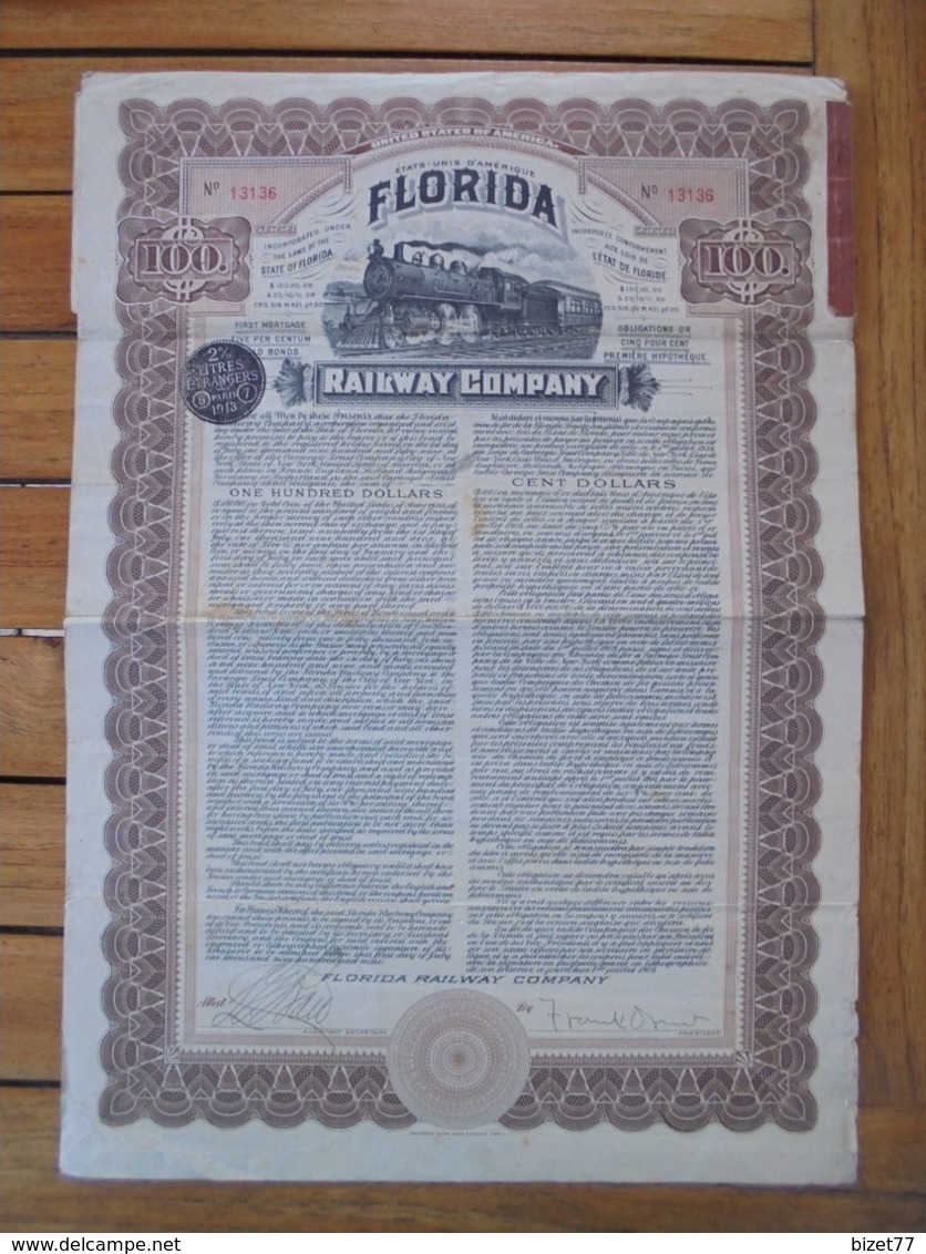 USA - FLORIDA RAILWAY CIE - TITRE DE 100 DOLLARS - ETAT VOIR SCAN - Autres & Non Classés