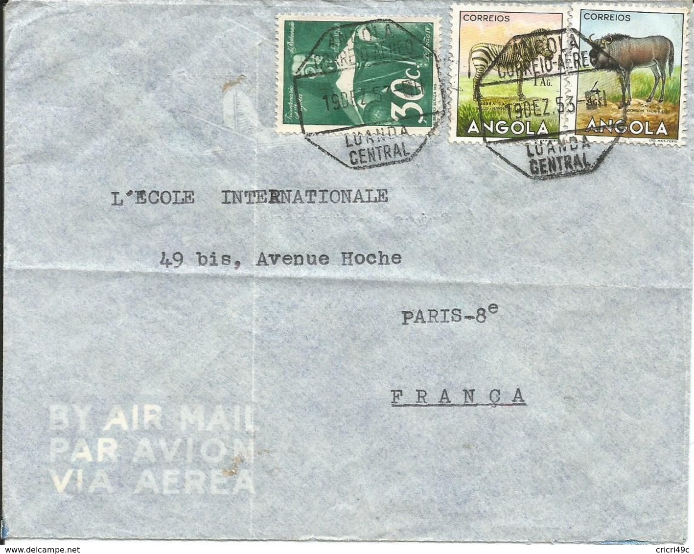 Angola. Enveloppe Par Avion Luanda Central Pour Paris En 1953 - Angola