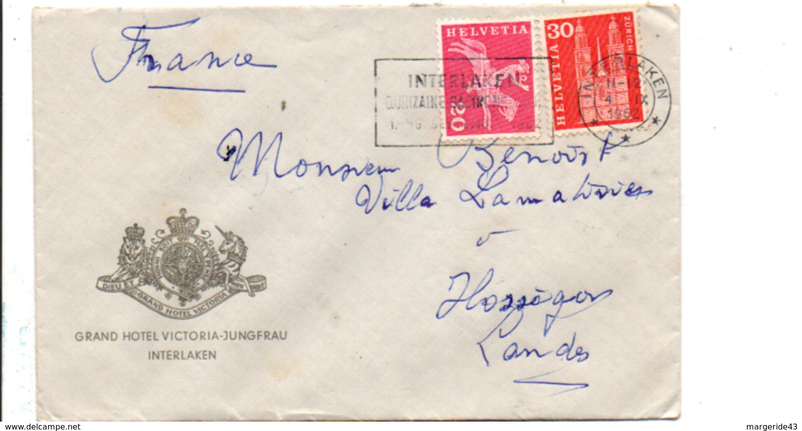 SUISSE LETTRE A EN TETE D'HOTEL DE INTERLAKEN POUR LA FRANCE 1962 - Storia Postale