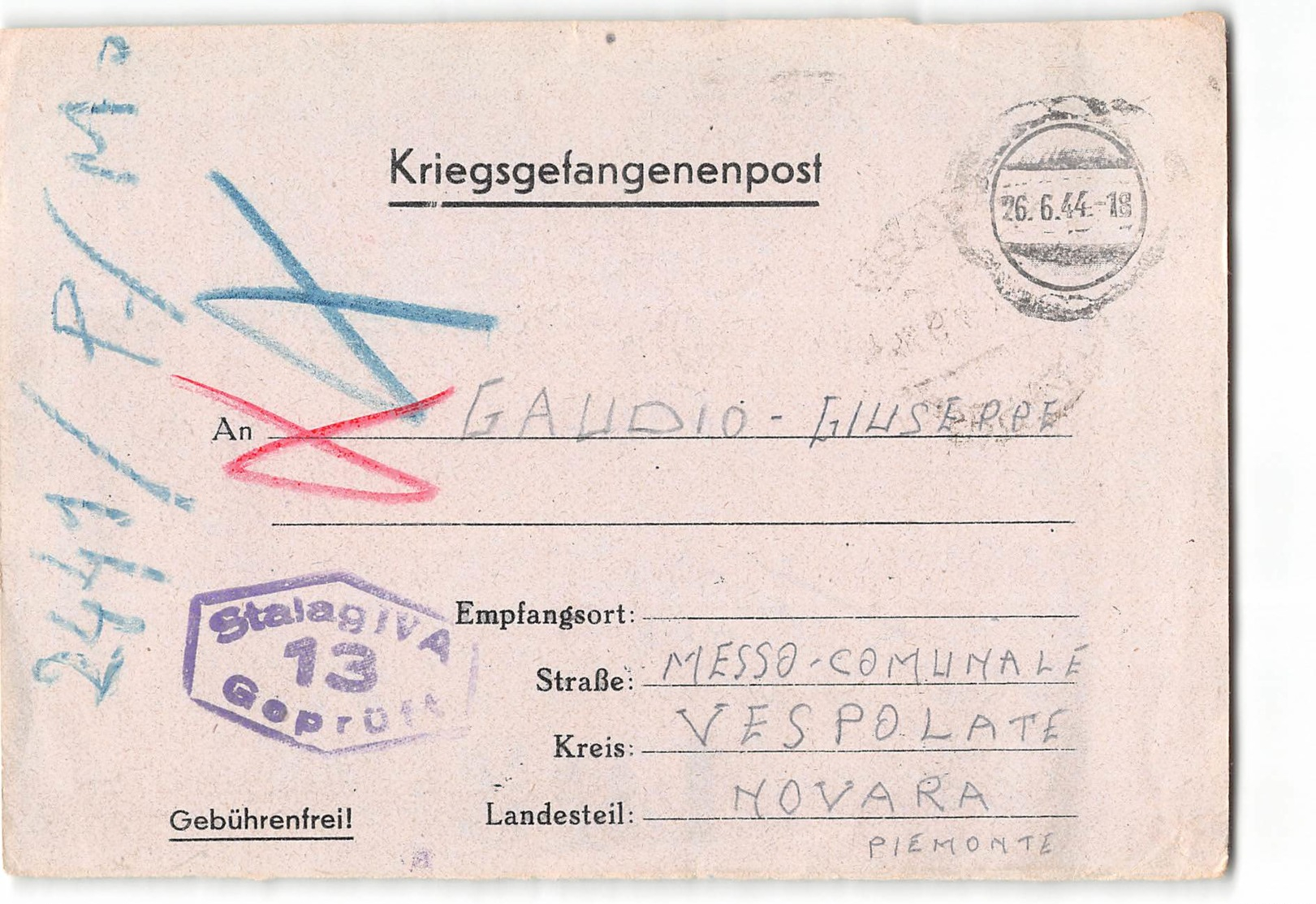 13978 KRIEGSGEFANGENENPOST POSTKARTE ITALIAN PRISONER VESPOLATE NOVARA To STALAG TO GEPRUFT - Marcophilia