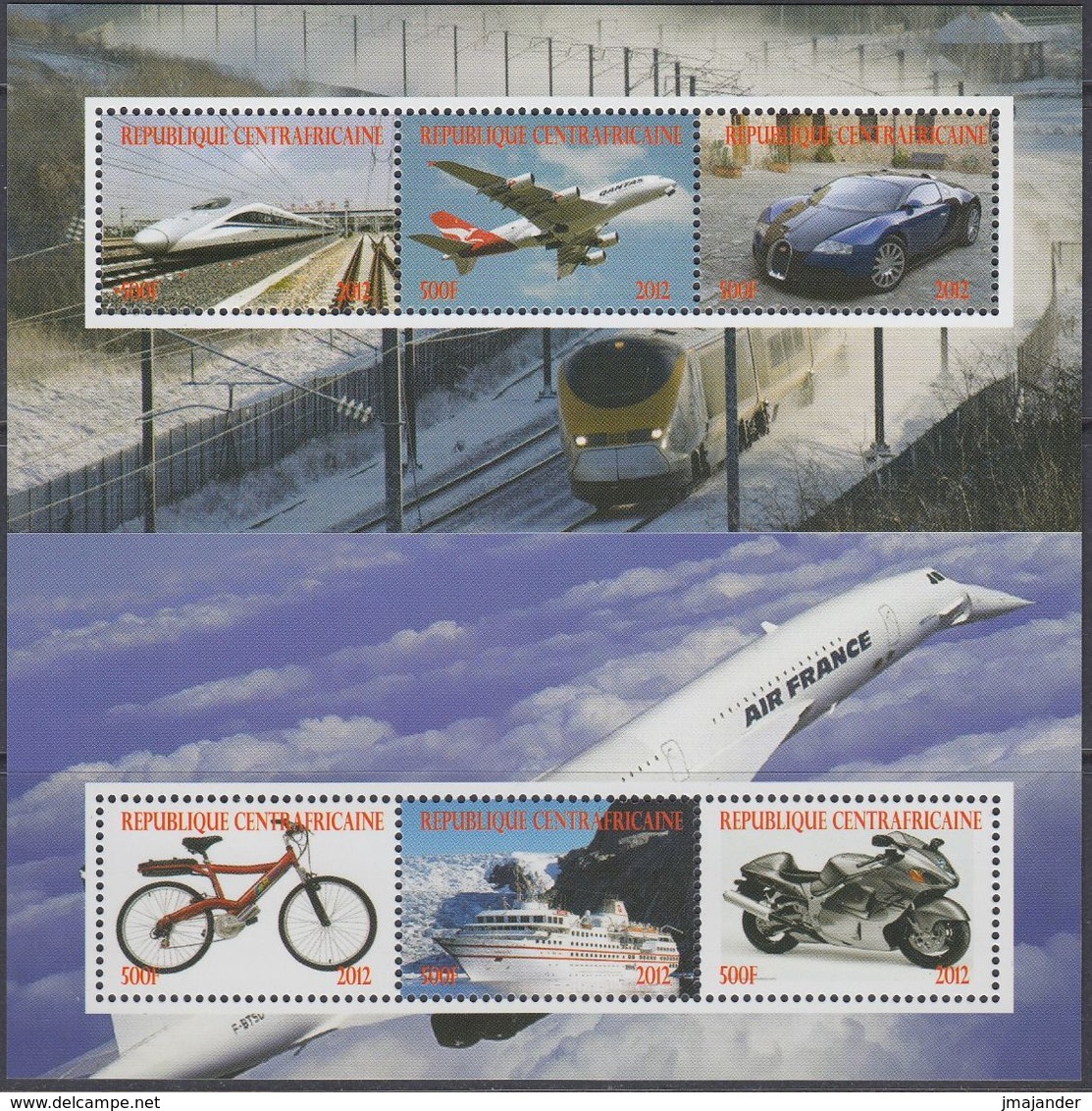 Central African Republic 2012 - Transport: Concorde, Motorcycle, Bicycle, Ship, Train - Miniature Sheet  ** MNH - Vélo