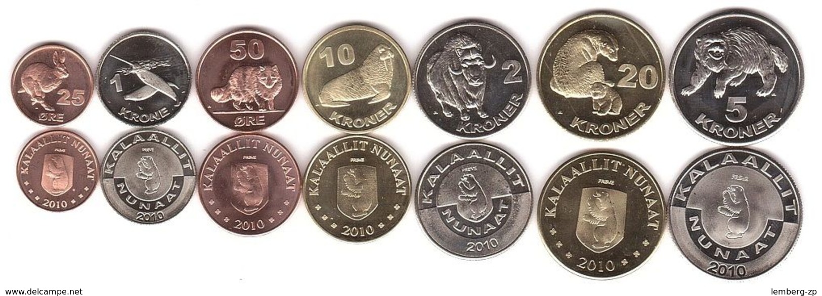 Greenland - Set 7 Coins 25 50 Ore 1 2 5 10 20 Kroner 2010 UNC Lemberg-Zp - Groenlandia