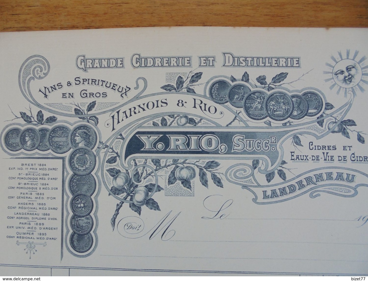 FACTURE VIERGE - 29 - DEPARTEMENT DU FINISTERE - LANDERNEAU 190. CIDRERIE EY DISTILLERIE : HARNOIS ET RIO - Sonstige & Ohne Zuordnung