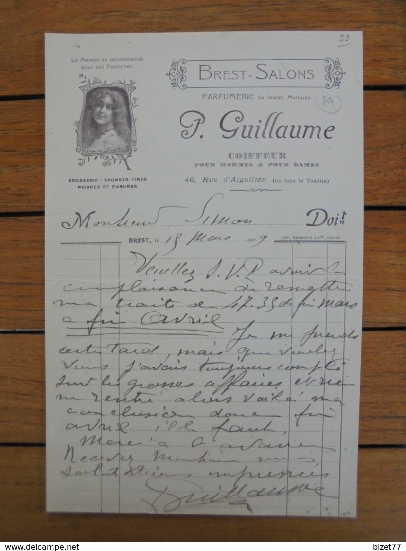 FACTURETTE  - 29 - DEPARTEMENT DU FINISTERE -  BREST 1909 - COIFFEUR POUR HOMMES ET DAMES : P. GUILLAUME - Other & Unclassified