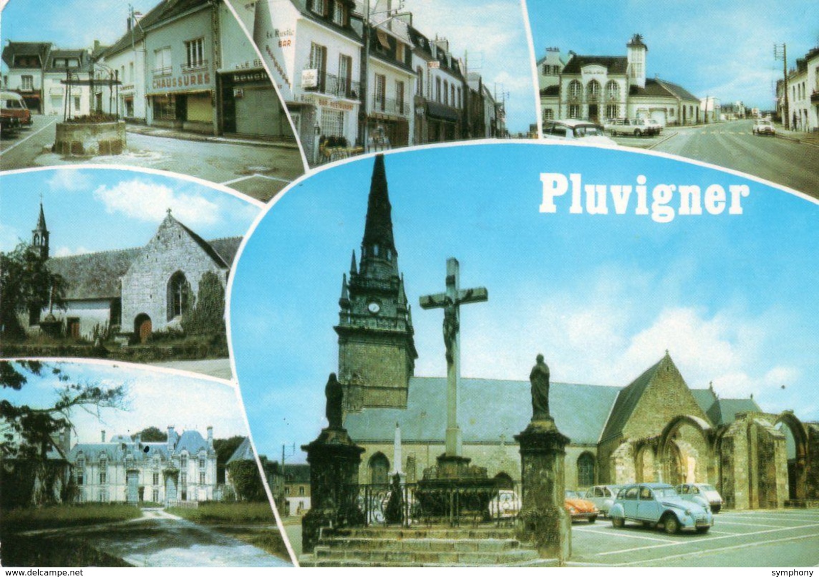 56. CPSM. PLUVIGNER - Multi Vues - église, Calvaire, Kéronic, Trélécan, Place Du Marché, Rue St Michel - Pluvigner