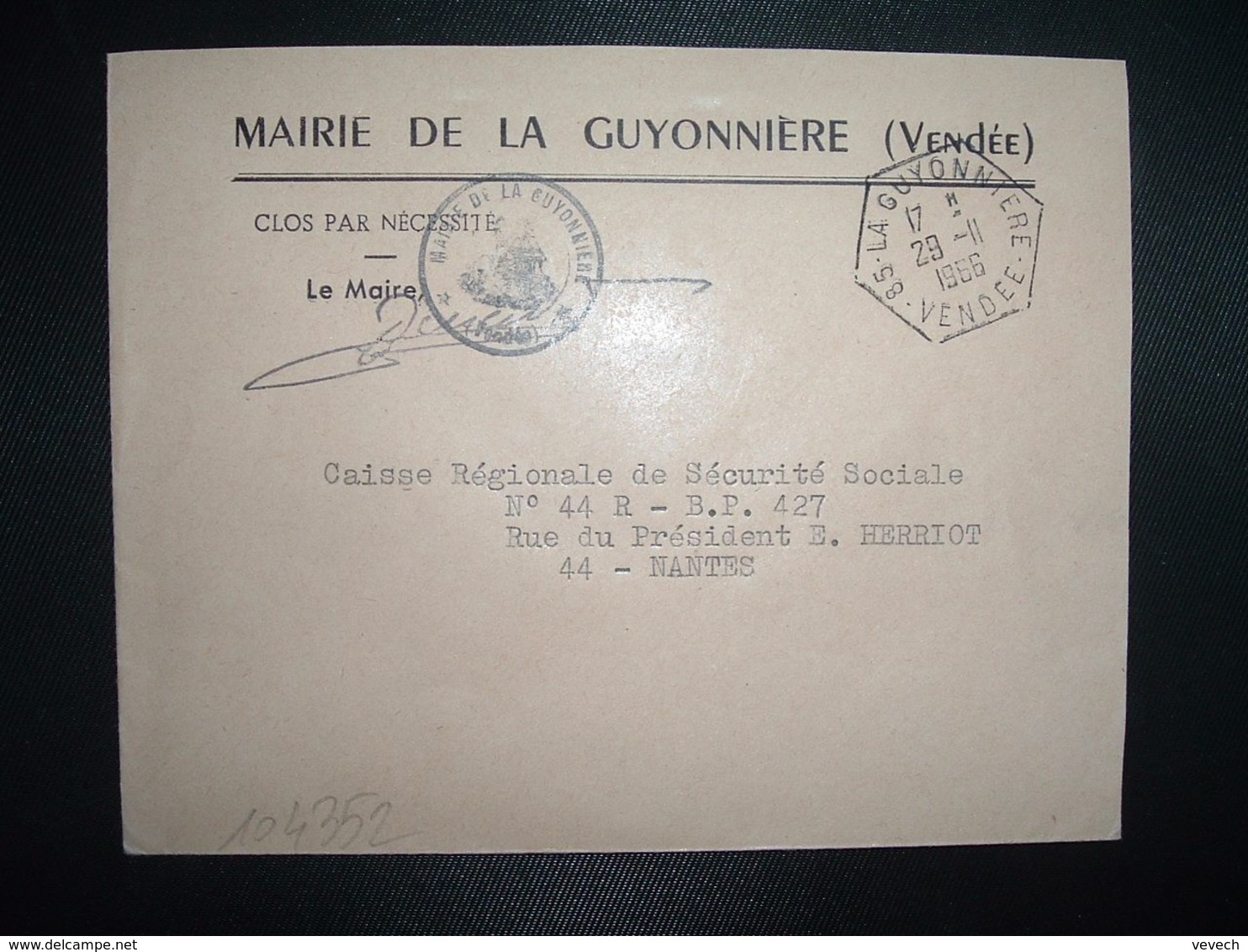 LETTRE MAIRIE OBL. HEXAGONALE 29-11 1966 85 LA GUYONNIERE VENDEE - Matasellos Manuales