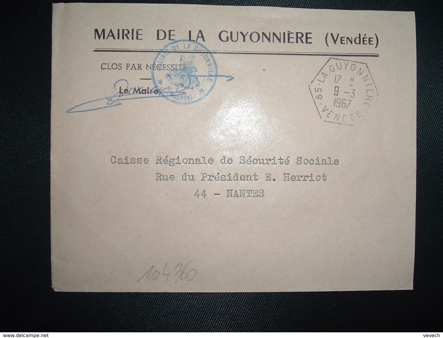 LETTRE MAIRIE OBL. HEXAGONALE 9-3 1967 85 LA GUYONNIERE VENDEE - Cachets Manuels