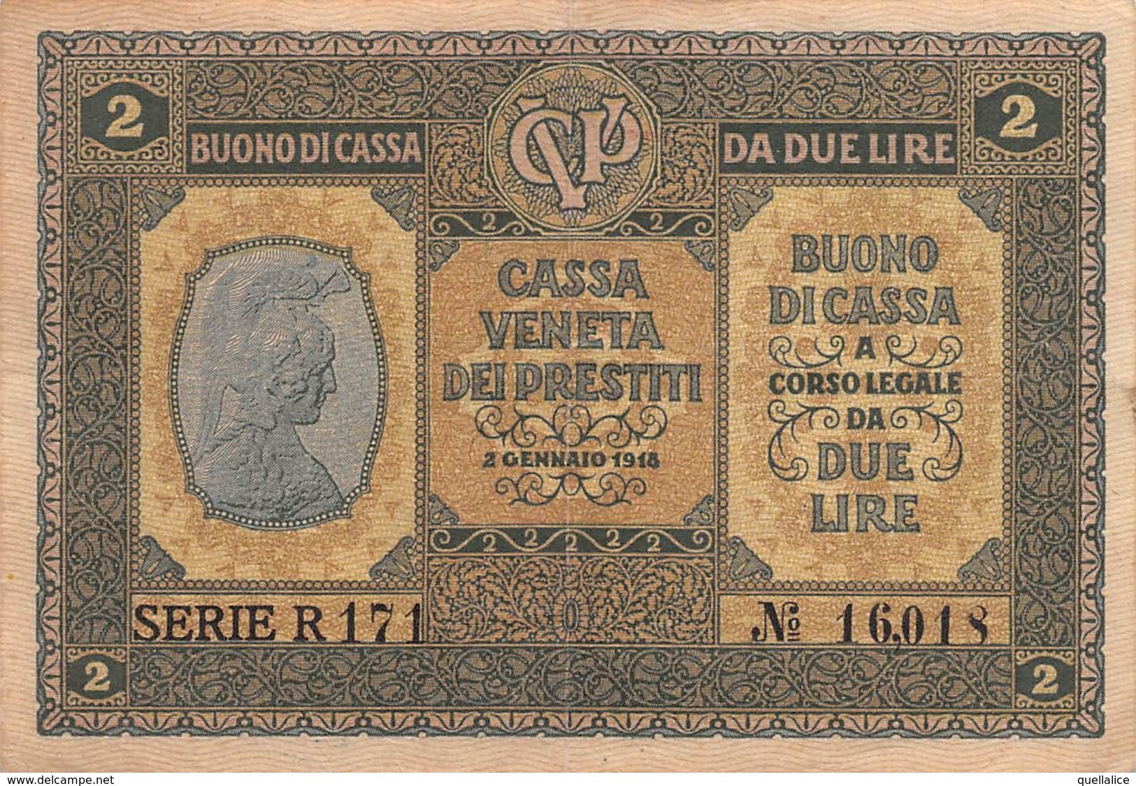 01616 "CASSA VENETA DEI PRESTITI - 2 GENNAIO 1918 - BUONO CASSA A CORSO LEGALE DA DUE LIRE" ORIGINALE - [10] Cheques Y Mini-cheques