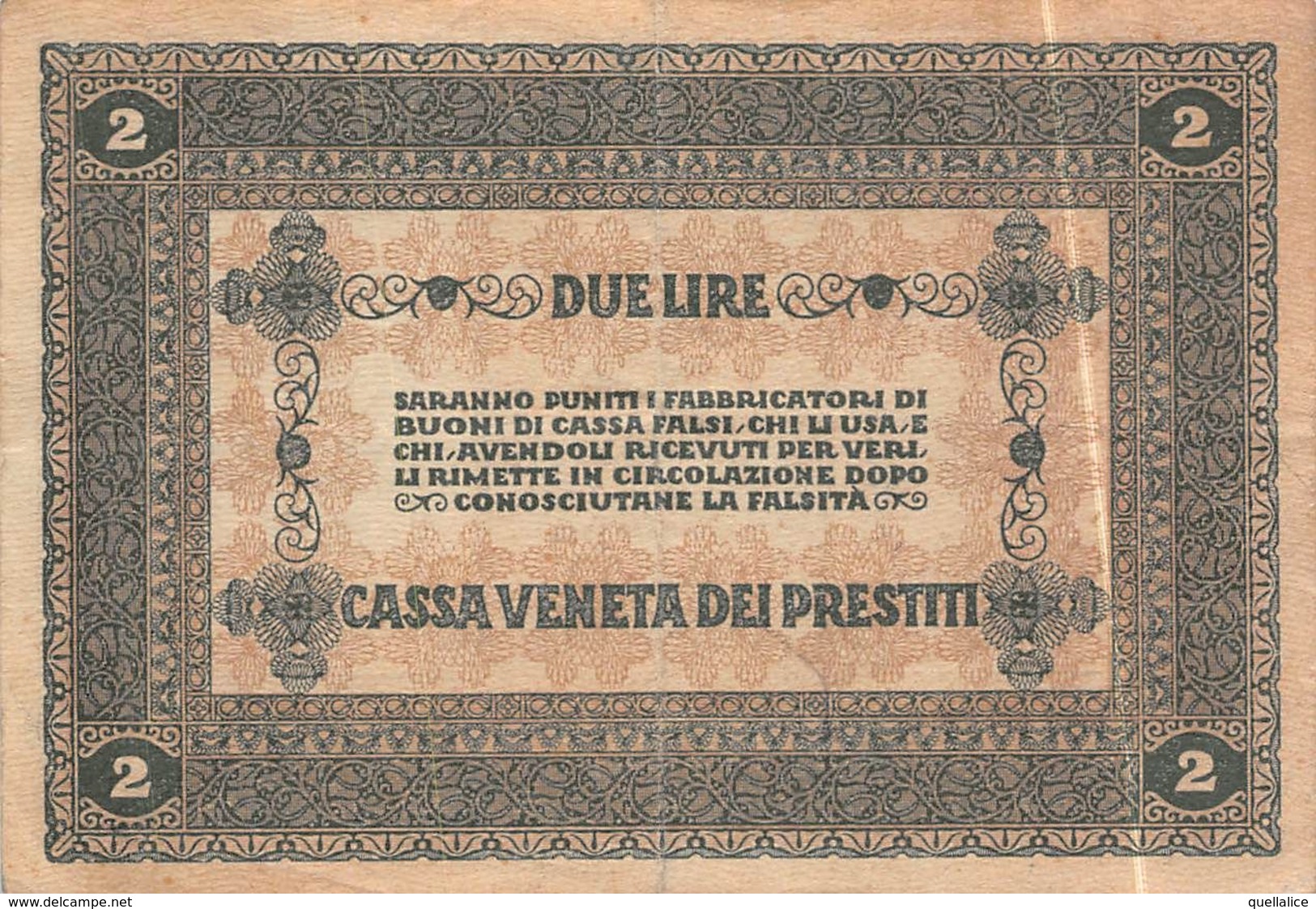 01616 "CASSA VENETA DEI PRESTITI - 2 GENNAIO 1918 - BUONO CASSA A CORSO LEGALE DA DUE LIRE" ORIGINALE - [10] Cheques Y Mini-cheques