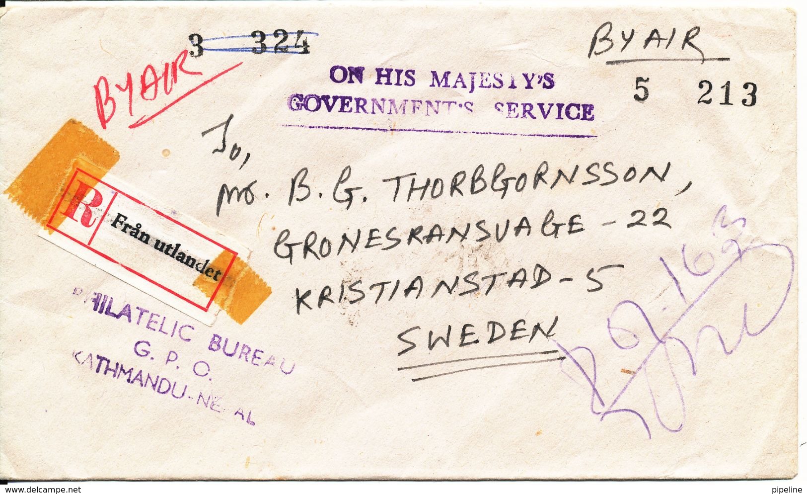 Nepal Registered Cover Sent Air Mail To Sweden 3-2-1975 (On His Majestys Governments Service) - Népal