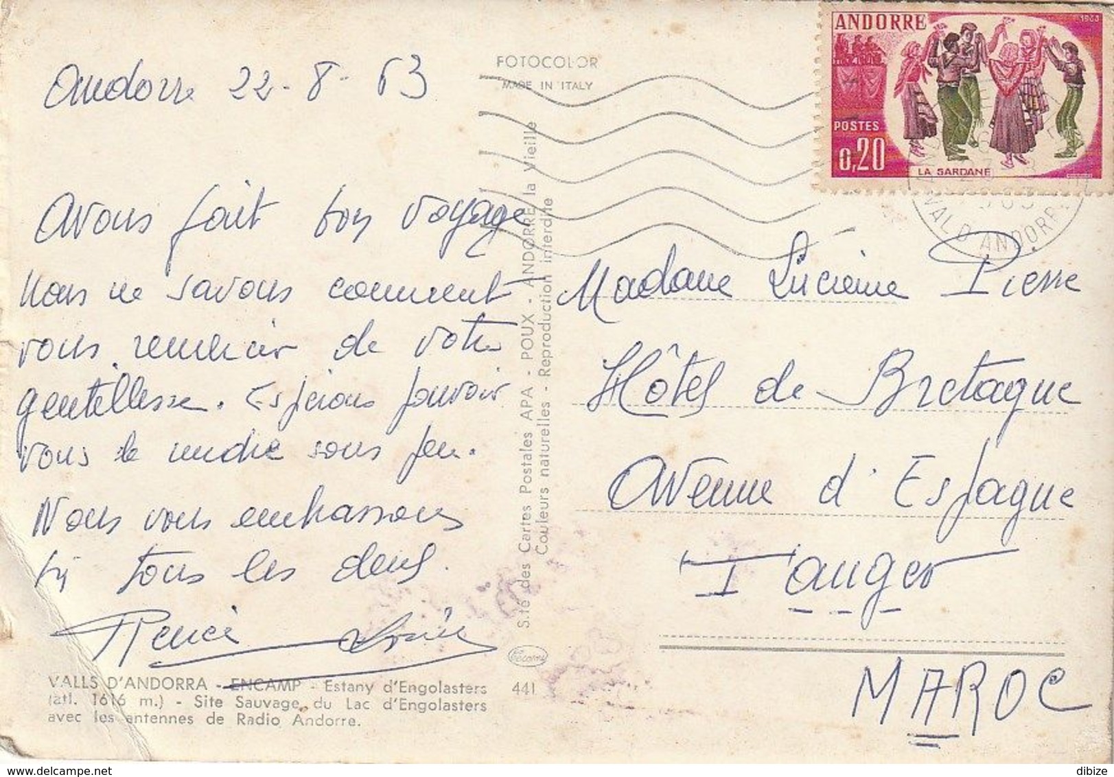 Carte Postale. Andorre. Lac D'Engolasters Avec Les Antennes De Radio Andorre. Circulé. 1963. Timbre. Cachet Postal. - Andorra