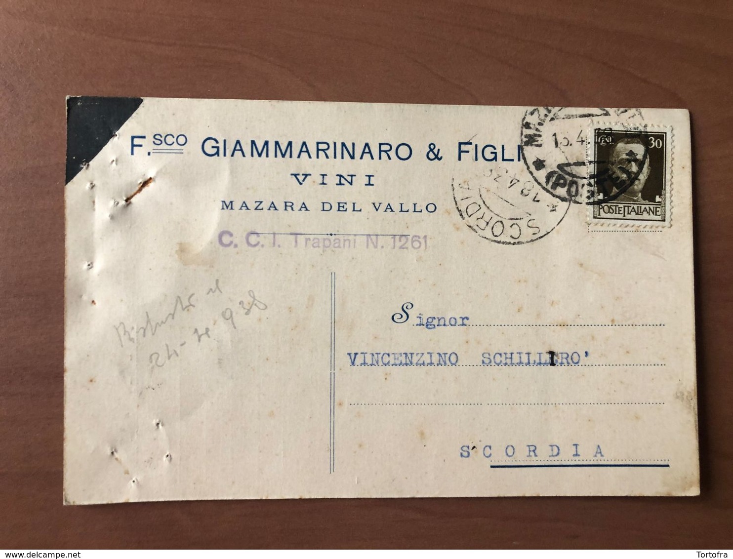 MAZARA DEL VALLO (TRAPANI) FRANCESCO GIAMMARINARO & FIGLI  VINI   UVA     1938 - Mazara Del Vallo