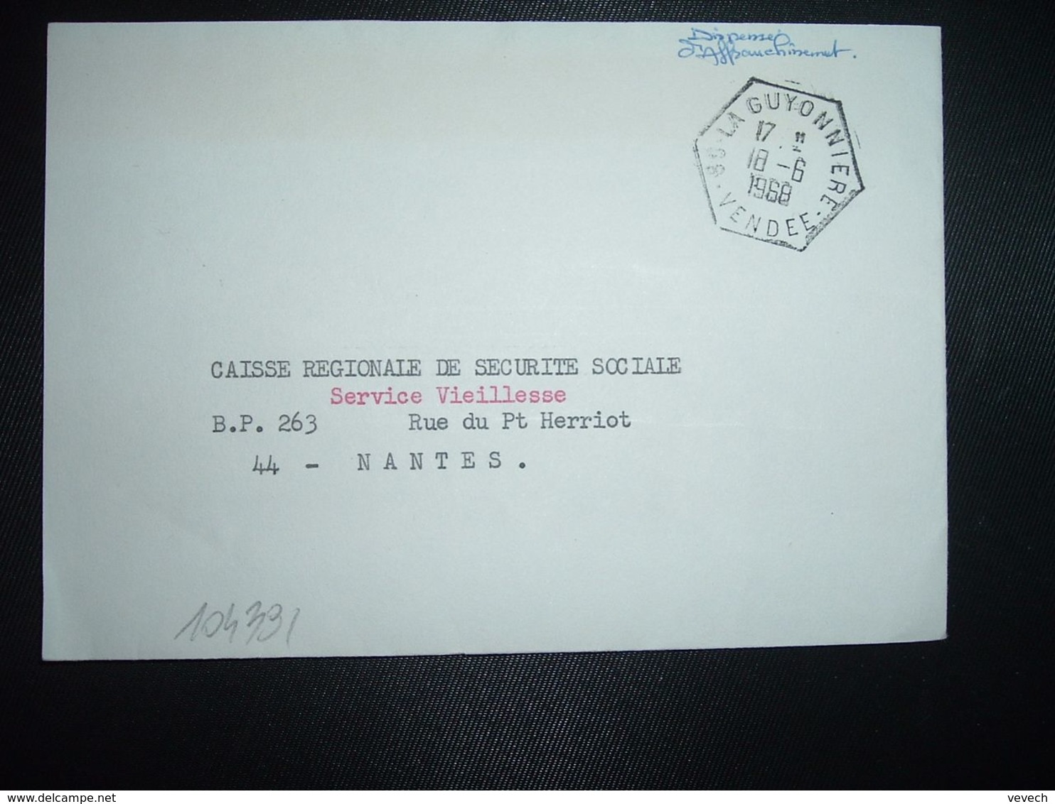 LETTRE OBL. HEXAGONALE 18-6 1968 85 LA GUYONNIERE VENDEE - Cachets Manuels