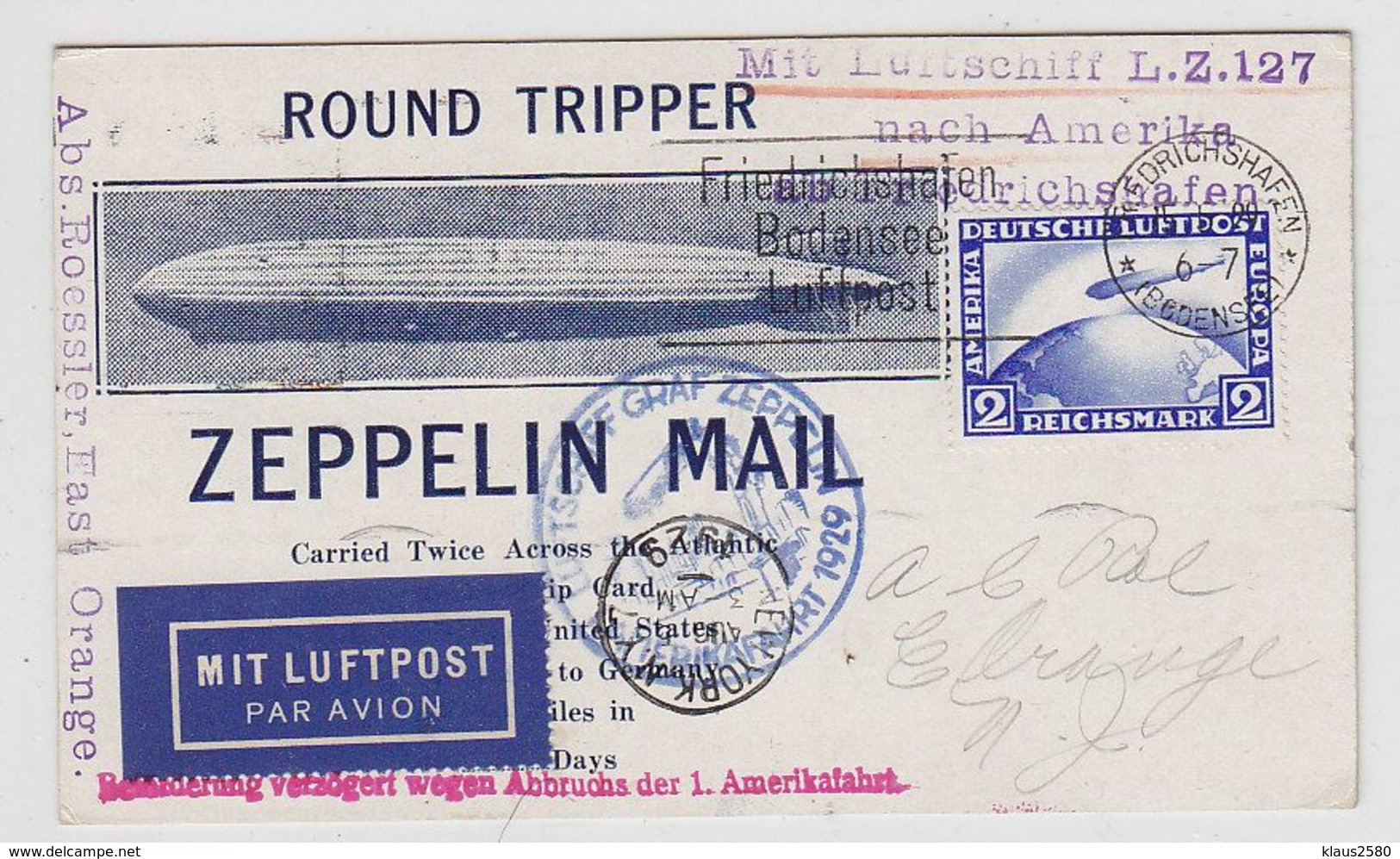 Zeppelin LZ 127 "Versuchte Amerikafahrt" Mit Abbruchstempel - Covers & Documents