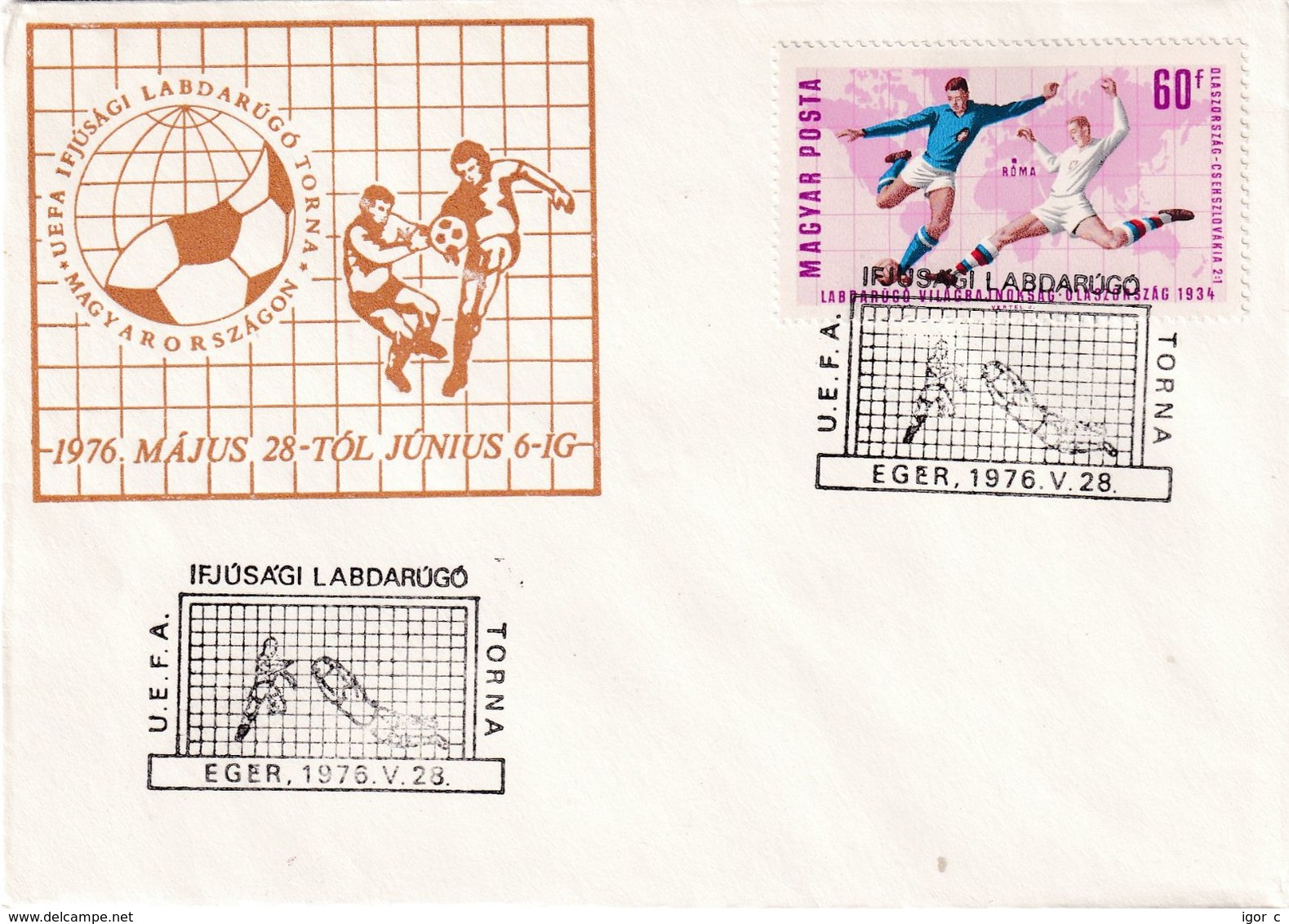 Hungary 1976 Cover; Football Fussball Soccer; Fifa World Cup 1934; UEFA U-18 European Championship; Eger Cancellation - 1934 – Italie