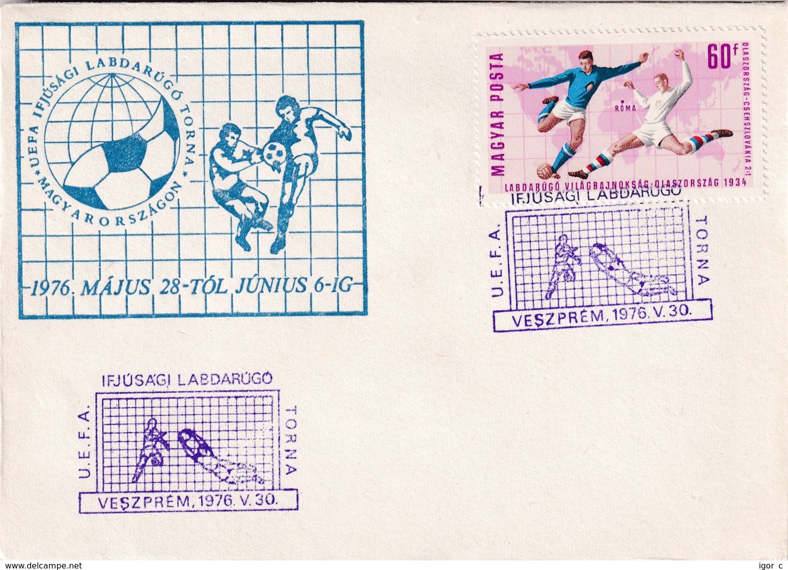 Hungary 1976 Cover; Football Fussball Soccer; Fifa World Cup 1934 UEFA U-18 European Championship; Veszprem Cancellation - 1934 – Italie