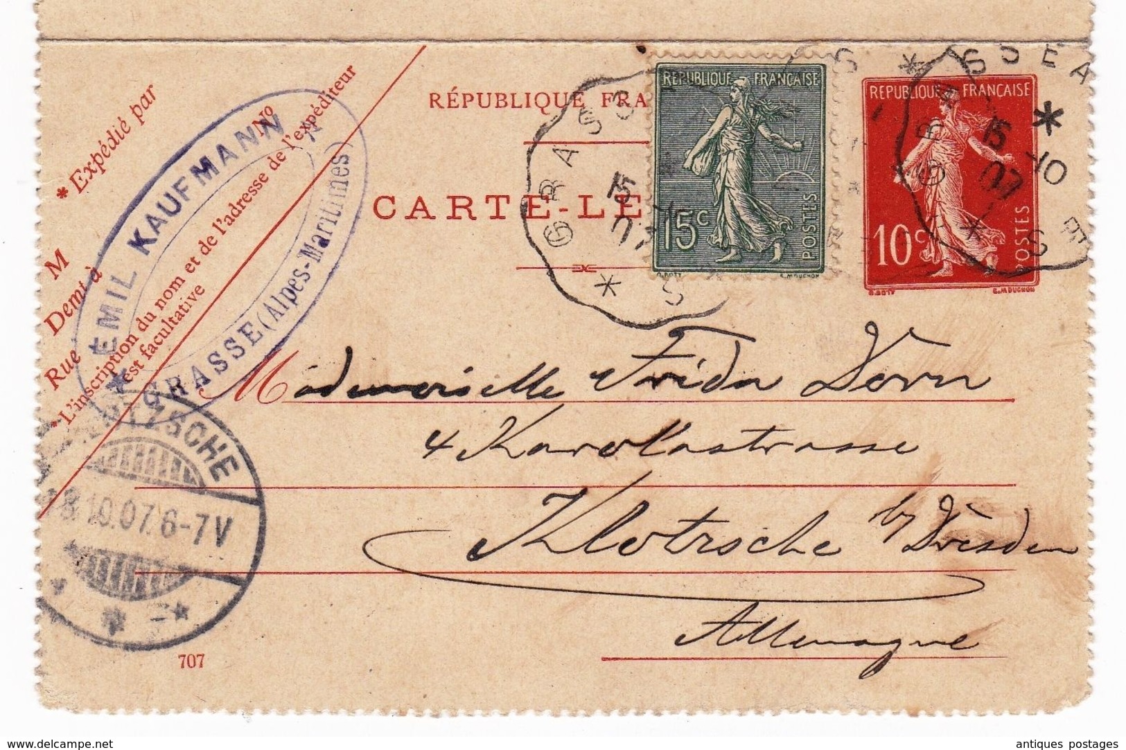 Entier Postal 1907 Grasse Alpes Maritimes Emil Kaufmann Semeuse Klotzsche Dresden - Kartenbriefe