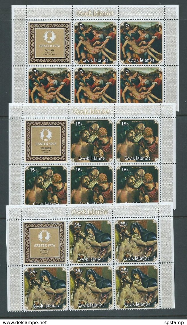 Cook Islands 1976 Easter Paintings Set Of 3 In Matched Marginal Blocks Of 5 With Label MNH - Cook Islands