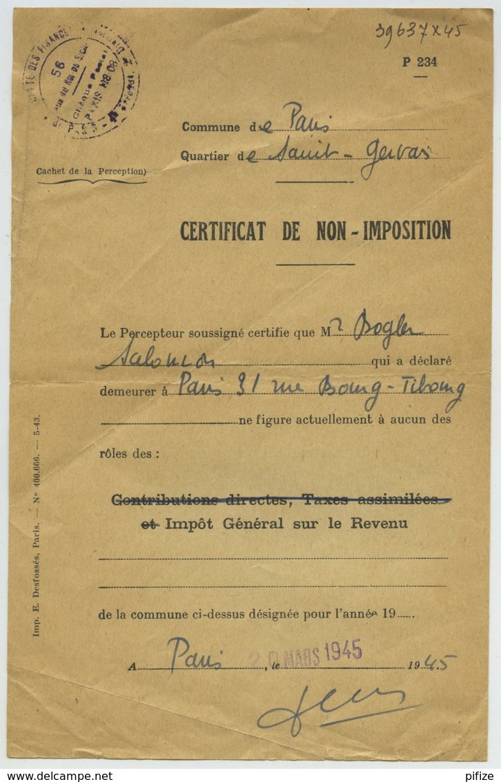 Paris . Quartier De Saint-Gervais . Certificat De Non-imposition Sur Le Revenu à Salomon Bogler. 20 Mars 1945 . Judaïca - Zonder Classificatie