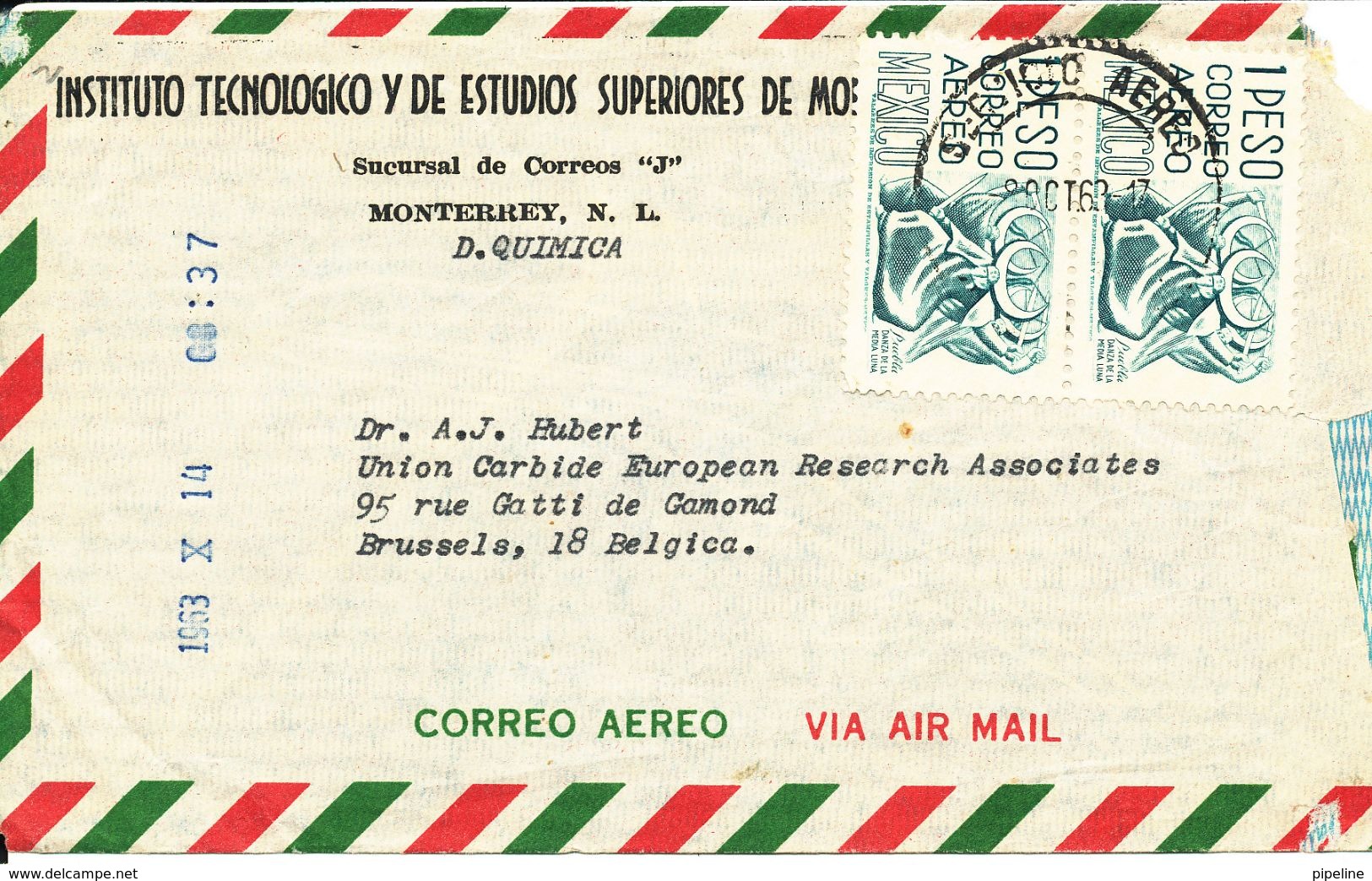 Mexico Air Mail Cover Sent To Belgium 8-10-1963 (the Cover Is Damaged In The Right Side) - Mexico