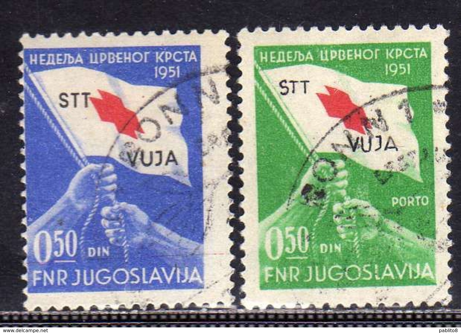 TRIESTE B 1951 CROCE ROSSA RED CROSS CROIX ROUGE SERIE COMPLETA COMPLETE SET USATA USED OBLITERE' - Afgestempeld
