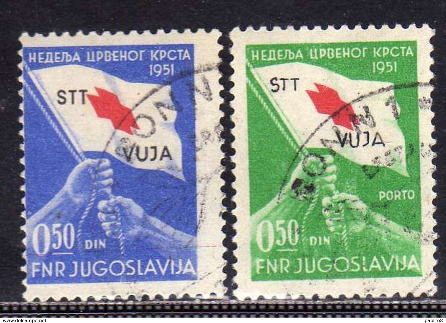 TRIESTE B 1951 CROCE ROSSA RED CROSS CROIX ROUGE SERIE COMPLETA COMPLETE SET USATA USED OBLITERE' - Gebraucht