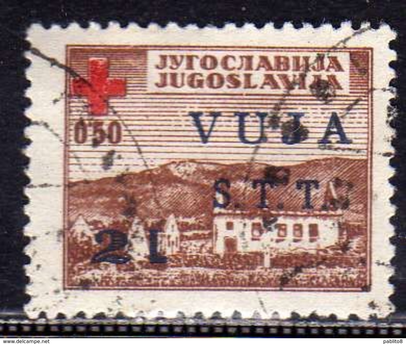 TRIESTE B 1948 SOPRASTAMPATO DI JUGOSLAVIA YUGOSLAVIA OVERPRINTED CROCE ROSSA RED CROSS 2 LIRE SU 0.50 D USATO USED - Gebraucht