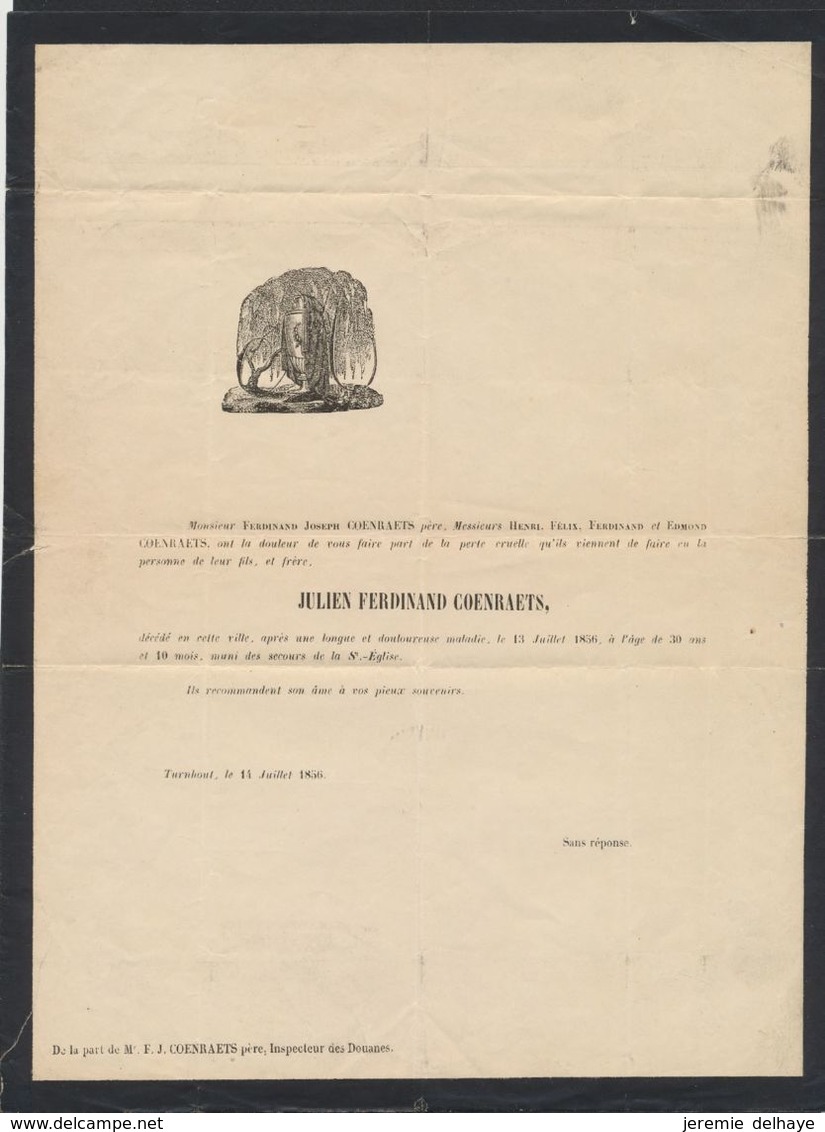 LAC Imprimé De Décès Daté De Turnhout (1856, M. Coenraets) Expédié En P.P. > Leyseele çàd Furnes 19/7/56 - Autres & Non Classés