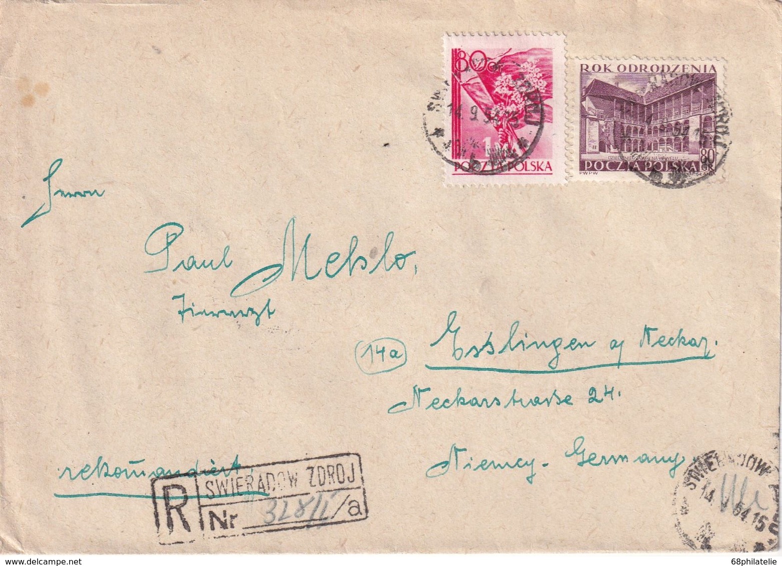 POLOGNE 1954 LETTRE RECOMMANDEE DE ZWIERADOW AVEC CACHET ARRIVEE ESSLINGEN - Cartas & Documentos