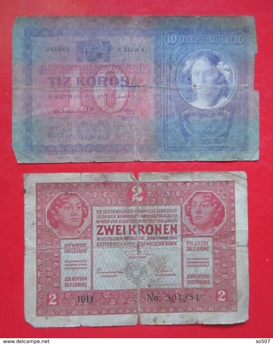 X1-Lot 2 Pieces-10 Korona,Kronen 1904.+2 Korona,Koronen 1917.Austria,Hungary-Austro-Hungarian Empire-Circulated Banknote - Austria