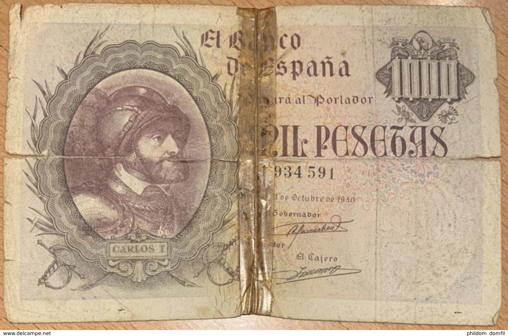 Ref. 104-1130 - BIN SPAIN . 1940. 1000 Pesetas 21st October 1940 - Carlos I. 1000 Pesetas 21 De Octubre 1940 - Carlos I - 50 Pesetas