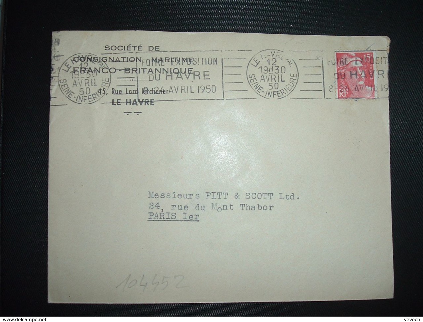 LETTRE TP M. DE GANDON 15F OBL.MEC.12 AVRIL 1950 LE HAVRE PAL (76) FOIRE EXPOSITION DU HAVRE 8-24 AVRIL 1950 - Oblitérations Mécaniques (Autres)