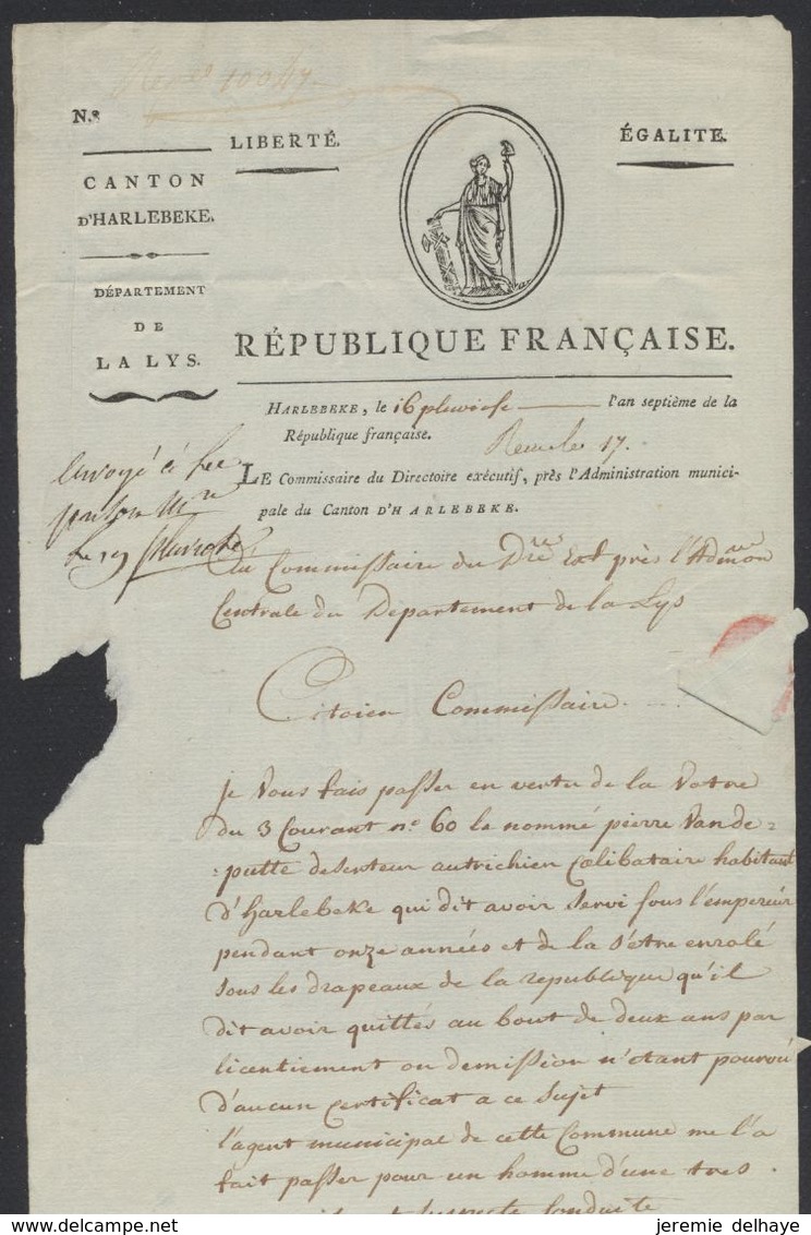 Précurseur - LAC Imprimée "Liberté égalité, République Française Canton D'Harlebeke"(Harelbeke 16 Pluviose An 7) + Texte - 1794-1814 (Période Française)