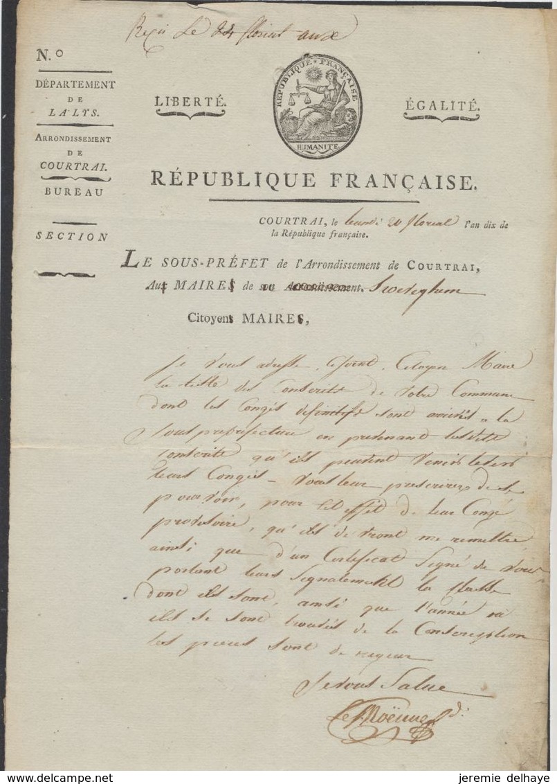 Précurseur - LAC Imprimée "Liberté égalité, République Française, Courtrai" (20 Floréal An X) Au Maire De Sweveghem - 1794-1814 (Periodo Francese)