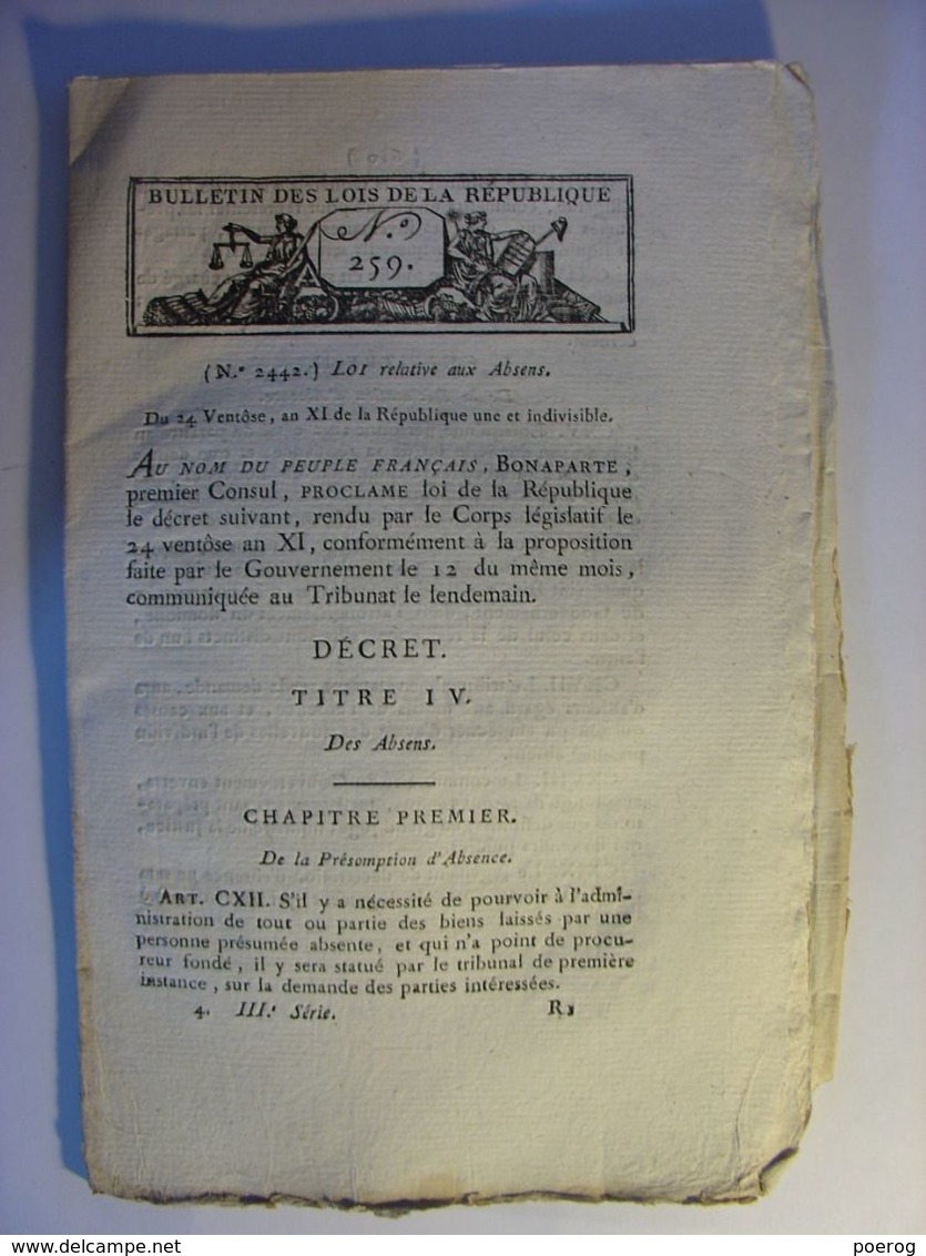 BULLETIN DES LOIS N°259 De VENTOSE AN XI (MARS 1803) - FAMILLE MARIAGE - Decrees & Laws