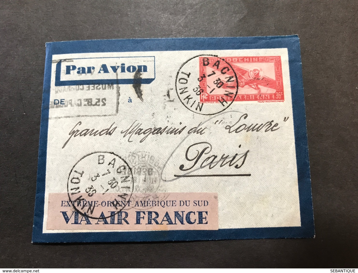 Lettre Entier Indochine Par Avion 1936 Bacninh Tonkin Pour Paris - Lettres & Documents