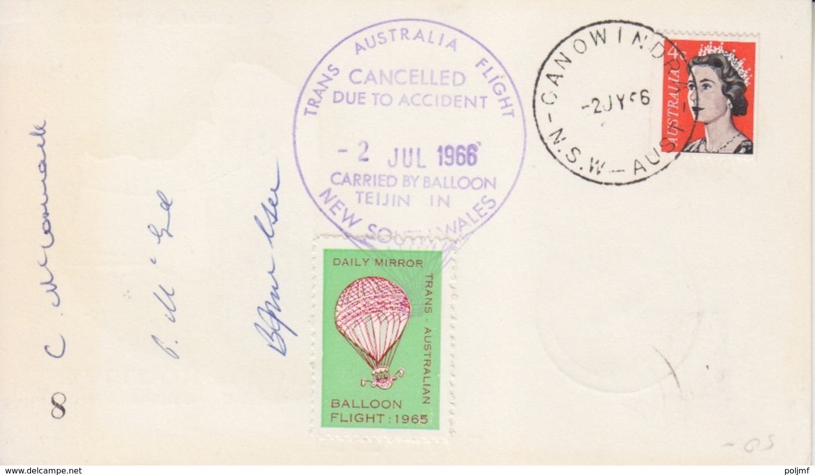 CP Spéciale, Vol Trans Australien En Ballon Teijin 1 Obl. Carso 23AP66, Accident Canowindra Le 2Jul66 + Signatures - Primi Voli