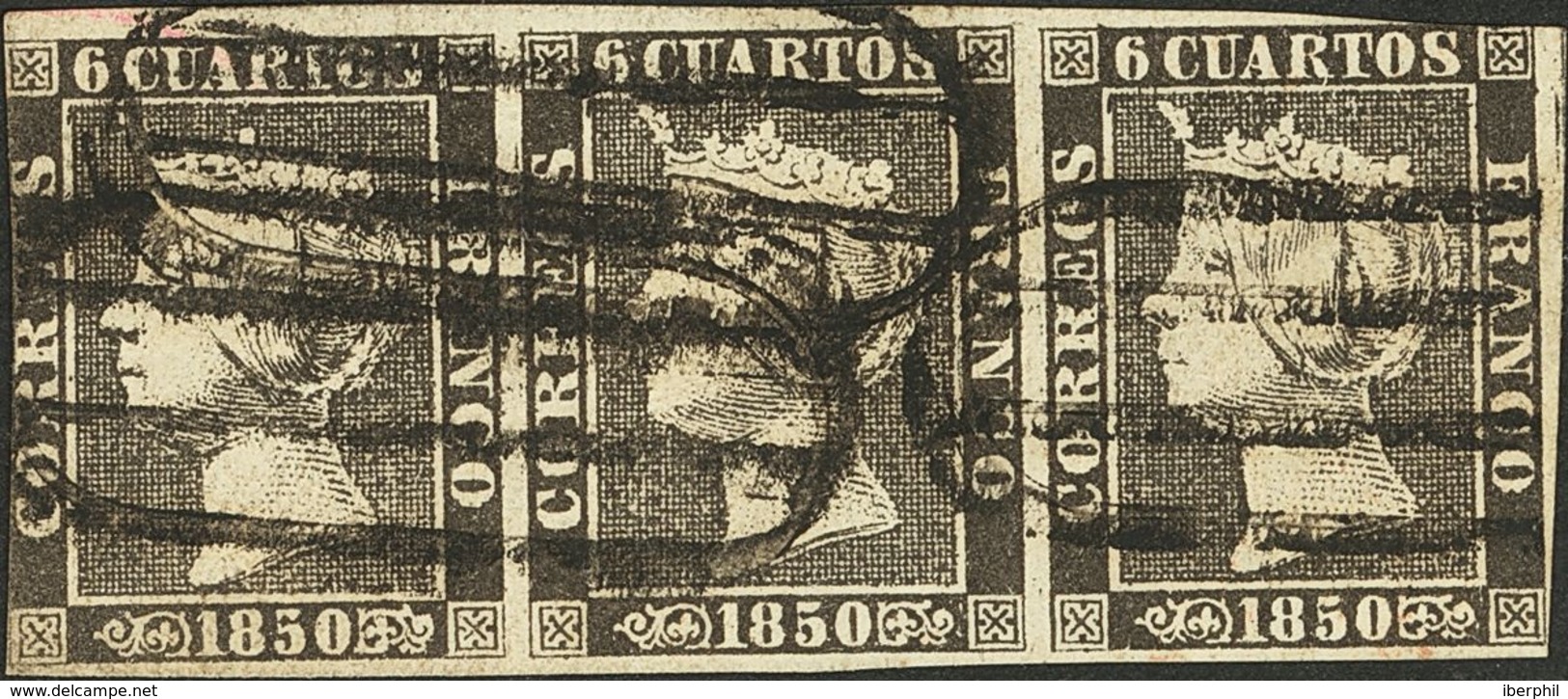 º1(3). 1850. 6 Cuartos Negro, Tira De Tres. Matasello PARRILLA DE MADRID. MAGNIFICA Y RARA TIRA DE TRES CON MATASELLO PR - Otros & Sin Clasificación